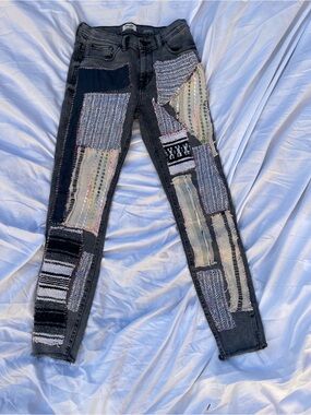 Upcycled patchwork grey jeans boho Aztec serape festival one of a kind
